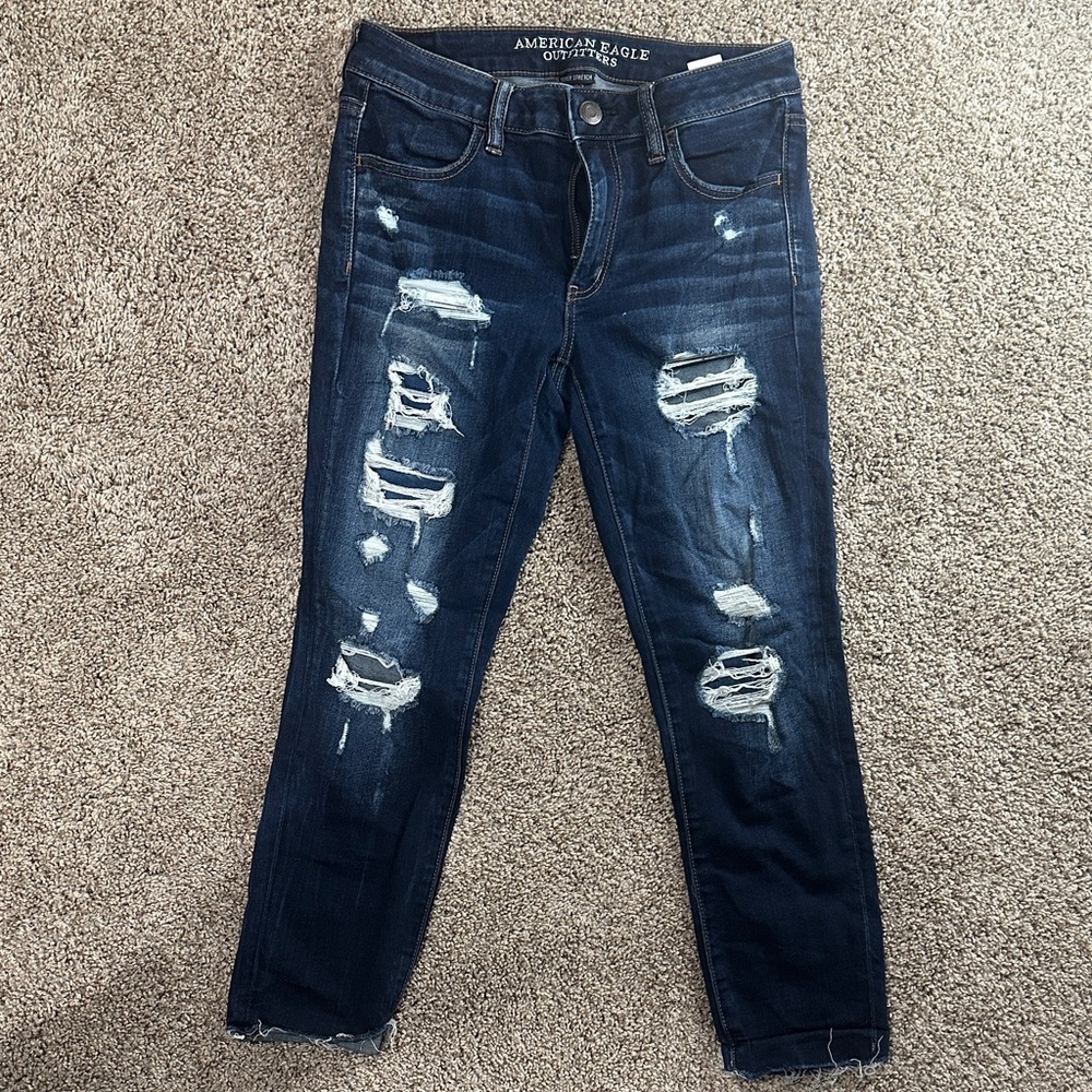 American Eagle Outfitters Women's Dark Blue Distressed Skinny Jeans